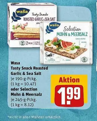 REWE Wasa tasty snack roasted garlic & sea salt oder selection mohn & meersalz Angebot