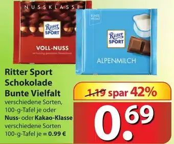 Famila Nord Ost Ritter sport Schokolade Bunte Vielfalt 100g Angebot