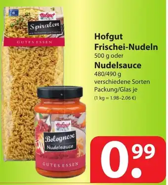 Famila Nord Ost Hofgut Frischei Nudeln 500g oder Nudelsauce 480/490g Angebot