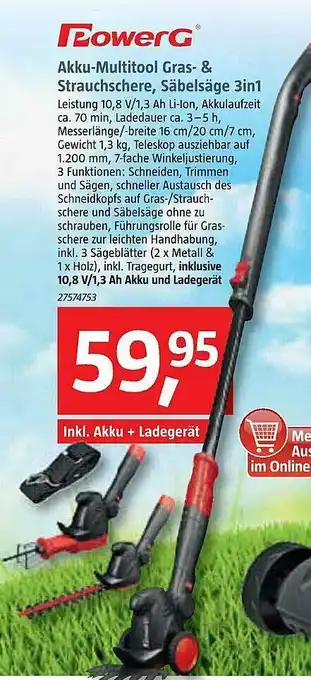 Bauhaus Powerg Akku Multitool Gras& Strauchschere, Säbelsäge 3in1 Angebot