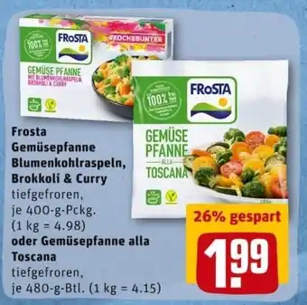 REWE City Frosta Gemüsepfanne Blumenkohlraspeln, Brokkoli & Curry 400g oder Gemüsepfanne alla Toscana 480g Angebot