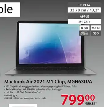 Selgros Apple Macbook Air 2021 M1 Chip, MGN63D/A Angebot