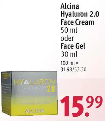 Rossmann Alcina Hyaluron 2.0 Face Cream 50ml oder Face Gel 30ml Angebot