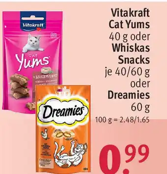 Rossmann Vitakraft Cat Yums 40g oder Whiskas Snacks 40/60g oder Dreamis 60g Angebot