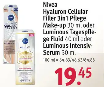 Rossmann Nivea Hyaluron Cellular Filler 3in1 Pflege Make up 30ml oder Luminous Tagespflege Fluid 40ml oder Intensiv Serum 30ml Angebot