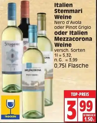 Edeka Italien Stemmari Weine oder Italien Mezzacorona Weine 0,75 L Flasche Angebot