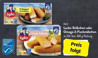 Aldi Süd Iglo Lachs Stäbchen oder Omega 3 Fischstäbchen 224-360 g Packung Angebot