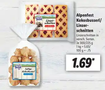 Lidl Alpenfest Kokosbusserl/Linzerschnitten 300/225g Angebot