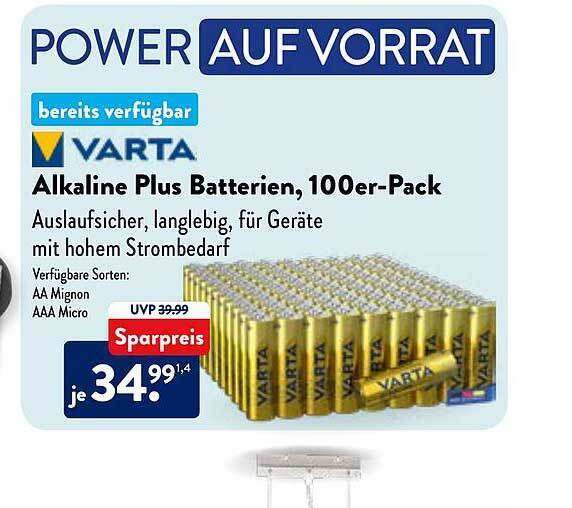 Varta alkaline batterien, 100erpack Angebot bei Aldi Nord