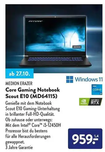 Aldi Nord Medion erazer core gaming notebook scout e10 (md64115) Angebot