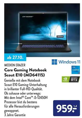 Aldi Süd Medion erazer core gaming notebook scout e10 (m64115) Angebot