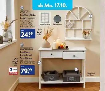 Aldi Nord Living art landhaus-deko-fensterrahmen, home création landhaus-konsole mit schubladen Angebot