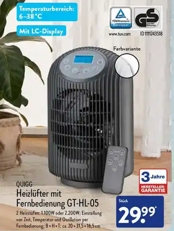 Aldi Nord Quigg Heizlüfter mit Fernbedienung GT-HL-05 Angebot