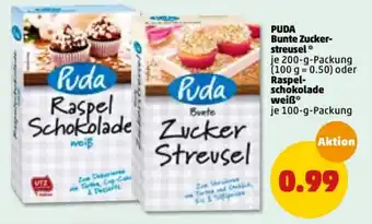 PENNY Puda Bunte Zuckerstreusel 200g oder Raspelschokolade weiß 100g Angebot