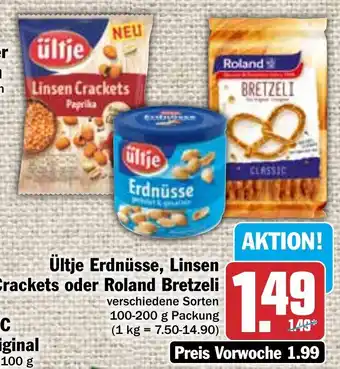 Hit Ültje Erdnüsse, Linsen Crackets oder Roland Bretzeli 100-200 g Packung Angebot