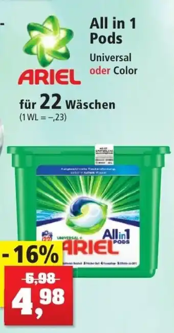 Thomas Philipps Ariel All in 1 Pods Universal oder Color für 22 Wäschen Angebot