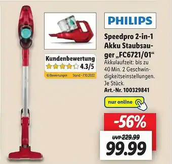 Lidl Philips speedpro 2in1 akku staubsauger „fc6721-01“ Angebot