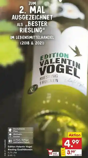 Netto Marken-Discount Edition Valentin Vogel Riesling Qualitätswein Angebot