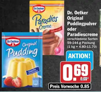 AEZ Dr. Oetker Original Puddingpulver oder Paradiescreme 59-144 g Packung Angebot