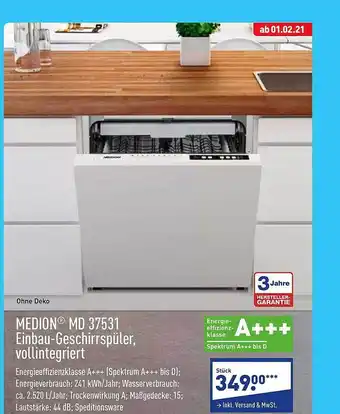 Aldi Nord Medion Md 37531 Einbau-geschirrspüler, Vollintegriert Angebot