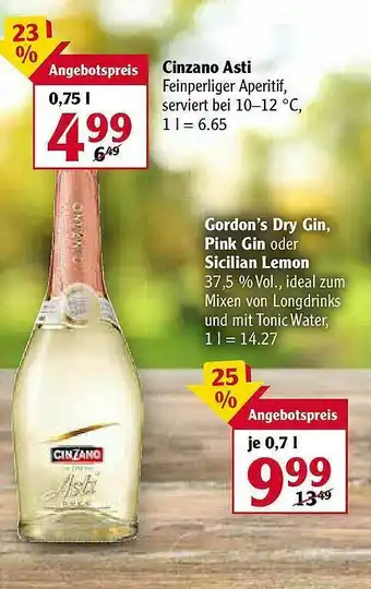 Globus Cinzano Asti Oder Gordon's Dry Gin, Pink Gin Oder Sicilian Lemon Angebot