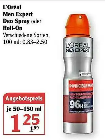 Globus L'oréal Men Expert Deo Spray Oder Roll On Angebot