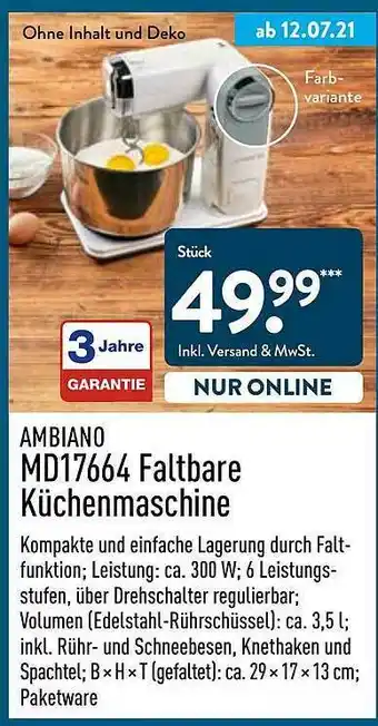 Aldi Nord Ambiano Md17664 Faltbare Küchenmaschine Angebot