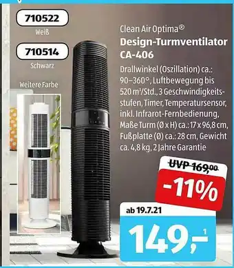 Aldi Süd Clean Air Optima Design-turmventilator Ca-406 Angebot