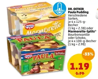 PENNY Dr. Oetker Paula Pudding 4x125g oder Marmorette Splits 4x100g Becher Angebot