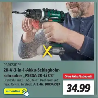 Lidl Parkside 20 V 3in1 Akku Schlagbohrschrauber ,,PSBSA 20-Li C3" Angebot