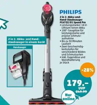 PENNY Philips 2 in 1: Akku- und Hand Staubsauger FC6722/01 Speed Pro Angebot