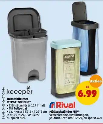 PENNY Keeeper Tretabfalleimer Step & Close Duo oder Rival Müllsackständer Flip Angebot