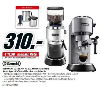 MediaMarkt DeLonghi EC 685.M+KG 521.M Barista Bundle Siebträger+Kaffeemühle+Barista Zubehör Angebot