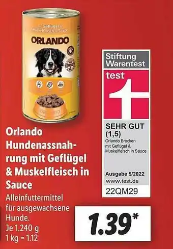 Lidl Orlando hundenassnahrung mit geflügel & muskelfleisch in sauce Angebot