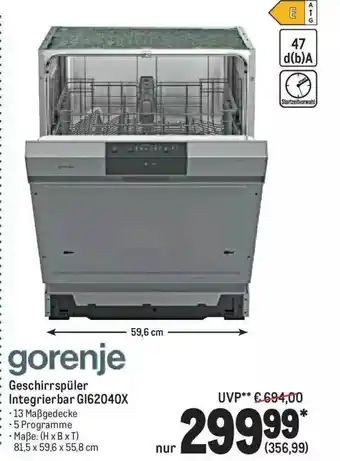 METRO Gorenje geschirrspüler integrierbar gi62040x Angebot