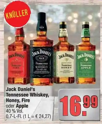 Profi Getränke Jack daniel's tennessee whiskey, honey, fire oder apple Angebot