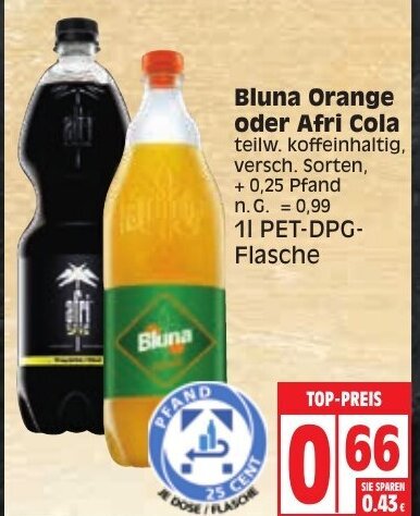 Bluna Orange oder Afri Cola 1L PET DPG Flasche Angebot bei Edeka