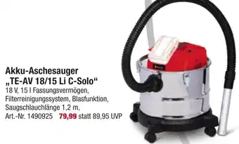 toom Baumarkt Einhell Akku Aschesauger ,,TE-AV 18/15 Li C-Solo" Angebot
