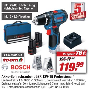 toom Baumarkt Bosch Akku Bohrschrauber ,,GSR 12V-15 Professional" Angebot