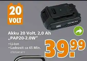 Globus Baumarkt Akku 20 Volt, 2.0 Ah Pap20-2.0w Angebot