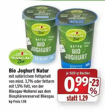 Wasgau Bio Joghurt Natur Angebot