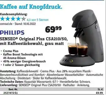 Conrad Philips senseo original plus csa210-50, mit kaffeestärkewahl, grau matt Angebot