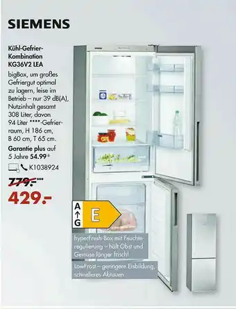 Galeria Siemens Kühl Gefrierkombination KG36V2 LEA Angebot