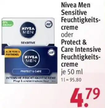 Rossmann Nivea Men Sensitive Feuchtigkeitscreme oder Protect & Care Intensive Feuchtigkeitscreme 50 ml Angebot