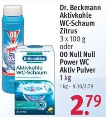 Rossmann Dr. Beckmann Aktivkohle WC Schaum Zitrus 3x100 g oder 00 Null Null Power WC Aktiv Pulver 1 kg Angebot