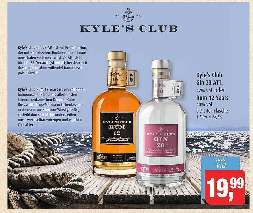 Kyle's club gin 23 att. oder rum 12 years Angebot bei Markant