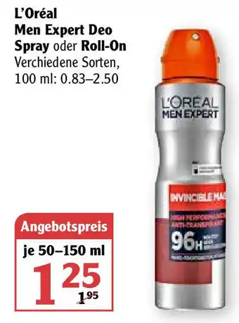 Globus L'Oréal Men Expert Deo Spray oder Roll On 150ml/50ml Angebot