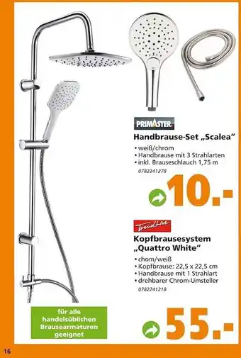 Globus Baumarkt Primaster handbrause-set „scalea“ oder trend line kopfbrausesystem „quattro white“ Angebot