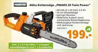 Globus Baumarkt Primaster akku kettensäge „pmaks 20 twin power“ Angebot