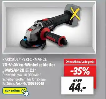 Lidl Parkside performance 20-v-akku-winkelschleifer „pwsap 20 li c3“ Angebot